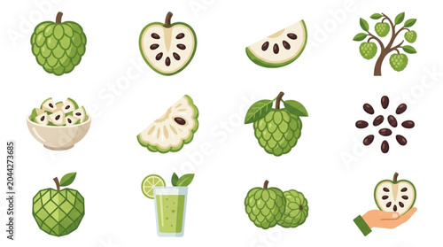Quadro su tela Collection of Cherimoya Fruit Illustrations and Related Items.
