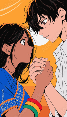 Young couple holding hands during sunset with warm lighting in a romantic embrace illustration