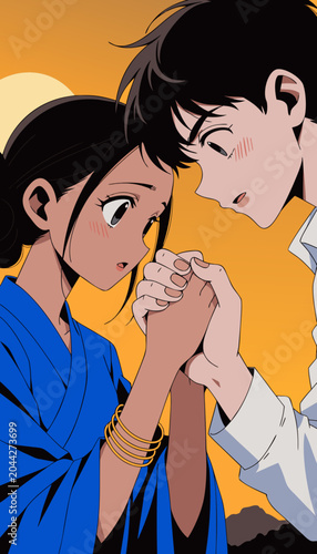 Young couple holding hands intimately against warm sunset glow illustration