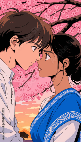 Young couple in love near blossoming cherry tree with soft sunset light illustration