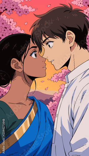Young couple in love during spring cherry blossoms with warm lighting and an anime illustration style