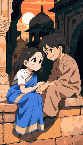 Young couple in traditional Indian attire holding hands at sunset with ancient architecture