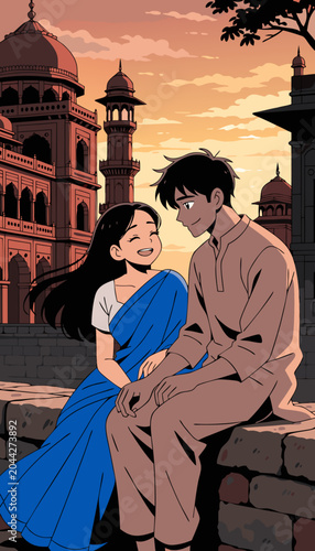 Young couple in traditional Indian attire sharing a moment at sunset with historic architecture