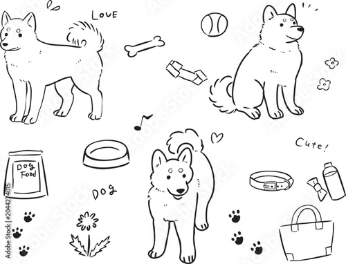 柴犬の線画イラスト素材集 　さまざまなポーズとドッグフードなどペット用品の手描きセット