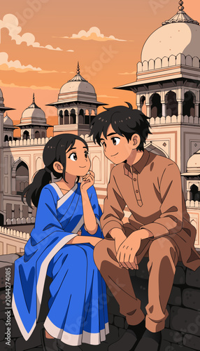 Young South Asian couple in traditional attire enjoying a sunset overlooking Mughal architecture