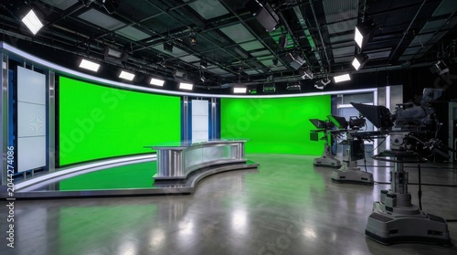 Modern television studio set featuring a large green screen, professional cameras, and an illuminated news desk. Ready for broadcast production.