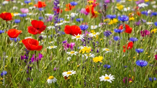 Lush Meadow with Diverse Wildflowers – Bright Floral Landscape Scene, Organic Nature Concept for Environmental Design, Travel, and Seasonal Wallpaper