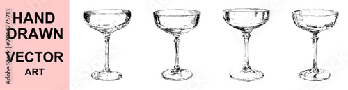 Fotografie Hand Drawn Coupe Champagne Glass Vector Collection Vintage Engraving Style Cockt