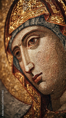 Mary Mosaic Closeup Golden Red Elements Ancient Religious Artwork