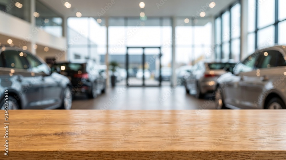 Fototapeta premium Empty wooden tabletop foreground on a blurred car showroom background, featuring defocused modern new automobiles parked in a bright dealership salon interior with high copy space for product display 