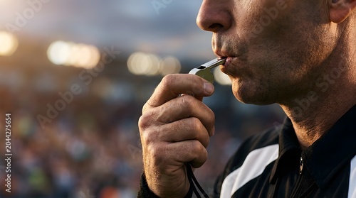 Referee blowing whistle during professional soccer match
