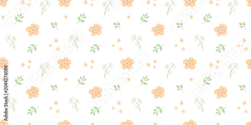 Seamless floral pattern with tiny abstract yellow flowers and leaves. Watercolour ditsy print for wallpaper, small pastel blossom motif for textiles and fabric