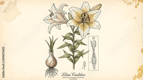 Antique Style Botanical Sketch of Flower – Detailed Vintage Plant Illustration with Labels, Perfect for Posters, Books, and Retro Design Projects
