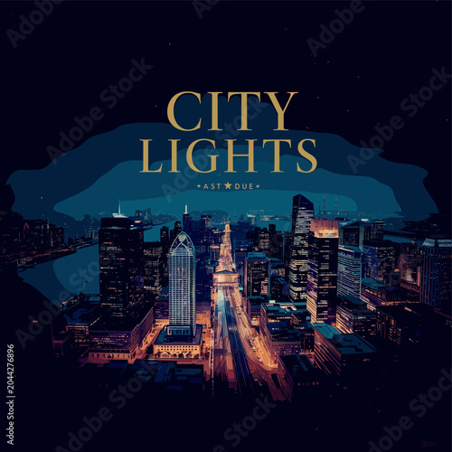 Canvastavla A breathtaking aerial view of a sprawling city at night, illuminated by countless glowing lights, with a river reflecting the urban glow
