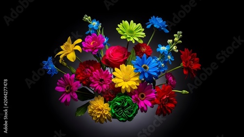 Vibrant Flowers on Black Background – Dramatic High-Contrast Floral Composition for Luxury Branding, Modern Design, and Premium Visual Content