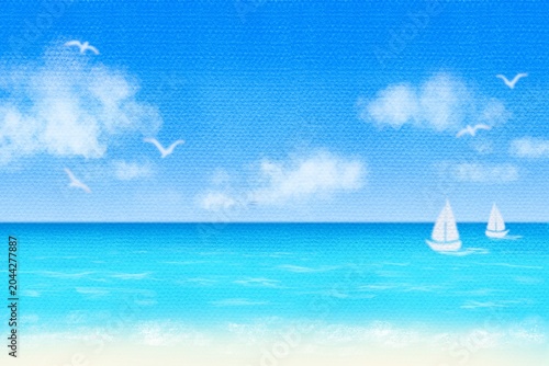 夏の海とヨットのある風景　パステルタッチ