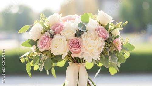 Elegant Wedding Bouquet with Roses and Peonies – Romantic Bridal Flowers in Soft Light for Ceremony, Invitation Design, and Luxury Decor