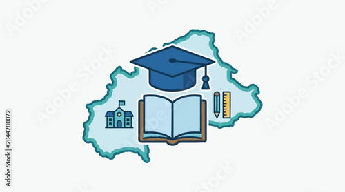 Fotografie Education concept with graduation cap book and school building on map outline