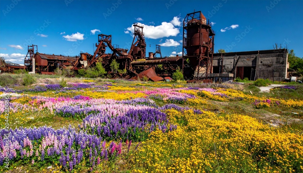 Fototapeta premium Colorful tulip field with historic windmill in Netherlands spring.