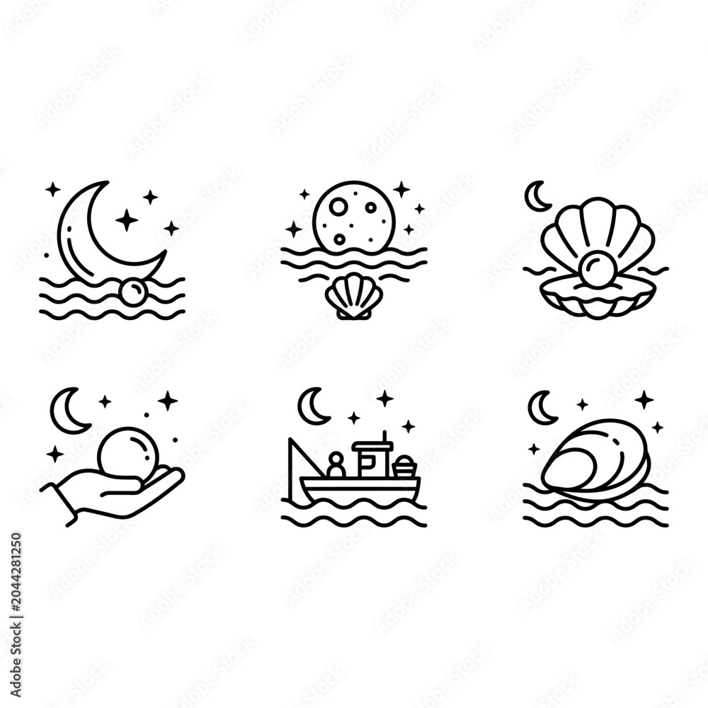 Fototapeta premium Moon and Pearl icon set, outline style, white background