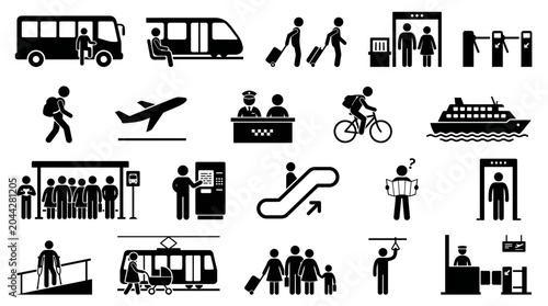 Stick figure icons of various public transportation modes like bus, train, airplane and passenger activities at terminals, illustrating urban mobility systems and providing travel signage