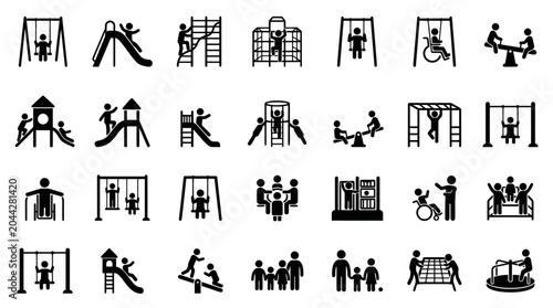 Collection of black silhouette icons featuring kids and disabled people using playground equipment, representing inclusive recreational spaces and symbolizing childhood outdoor activities