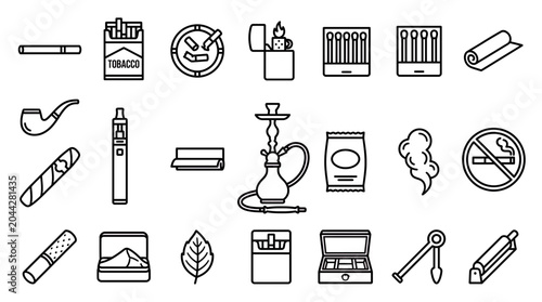 Tobacco and smoking accessories outline icons set featuring cigarette pack lighter pipe hookah matches and vape pen, illustrating smoke culture representing retail and addiction awareness