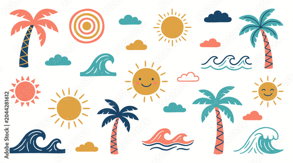 Obraz premium Collection of hand drawn summer doodle icons featuring palm trees, smiling suns, ocean waves and clouds in a flat vector style, illustrating creative tropical vacation and summer travel