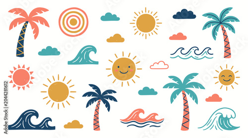 Collection of hand drawn summer doodle icons featuring palm trees, smiling suns, ocean waves and clouds in a flat vector style, illustrating creative tropical vacation and summer travel