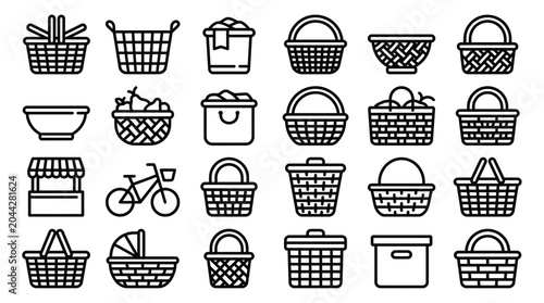 Variety of wicker basket icons and storage containers in minimalist line art style on white background, illustrating household organization or outdoor picnic activities