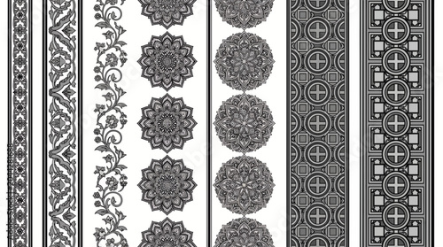 Detailed collection of vertical ornamental borders featuring intricate floral mandalas and ethnic geometric patterns in monochrome shades, provides decorative elements for textile printing