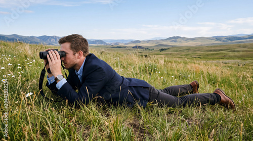 Businessman Observing Through Binoculars in a Grass Field