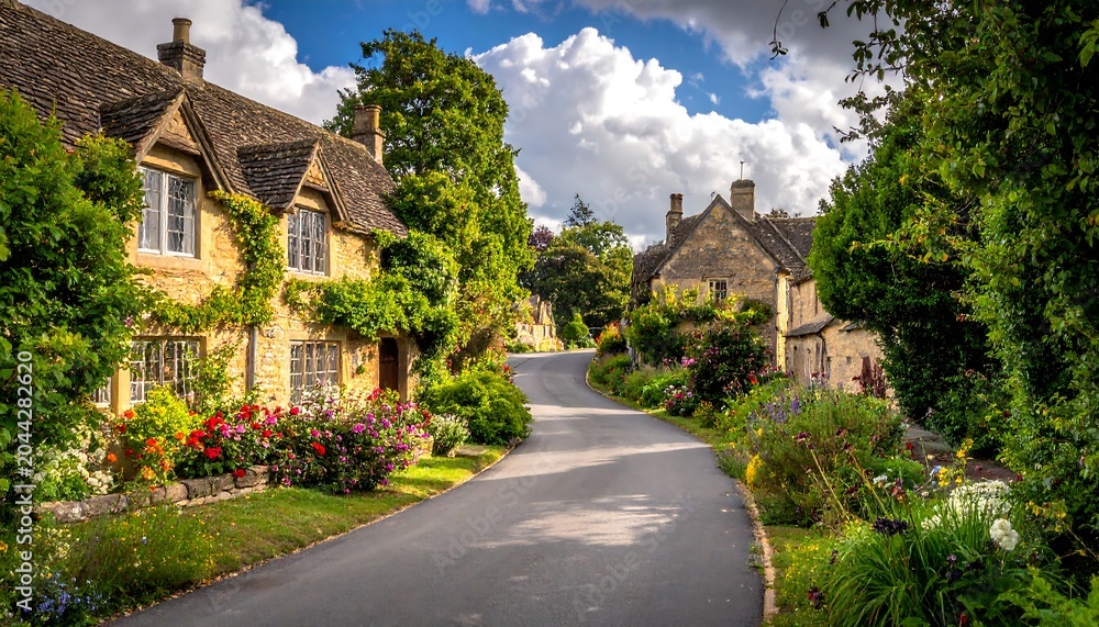 Obraz premium A quaint village road lined with lush greenery and vibrant flowers, featuring traditional cottages with sloping roofs