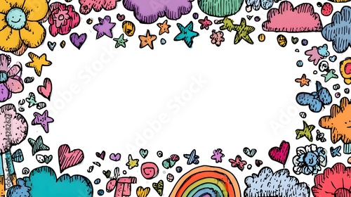Hand-drawn colorful border frame, whimsical doodles, rainbow-colored markers, flowers, stars, hearts, clouds, playful sketchbook style.