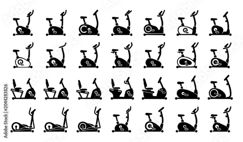 Black Vector Icons Set of Stationary Exercise Bikes Featuring Various Upright Recumbent and Elliptical Trainer Designs for Fitness
