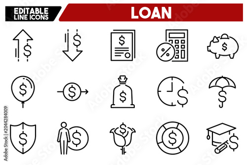 Loan and Interest Line Icons Set Mortgage Leasing Finance Editable Stroke
