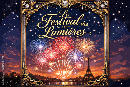 Obraz na plátně A dazzling fireworks display illuminates the night sky over Paris, with the Eiffel Tower visible in the background, framed by an ornate, golden border