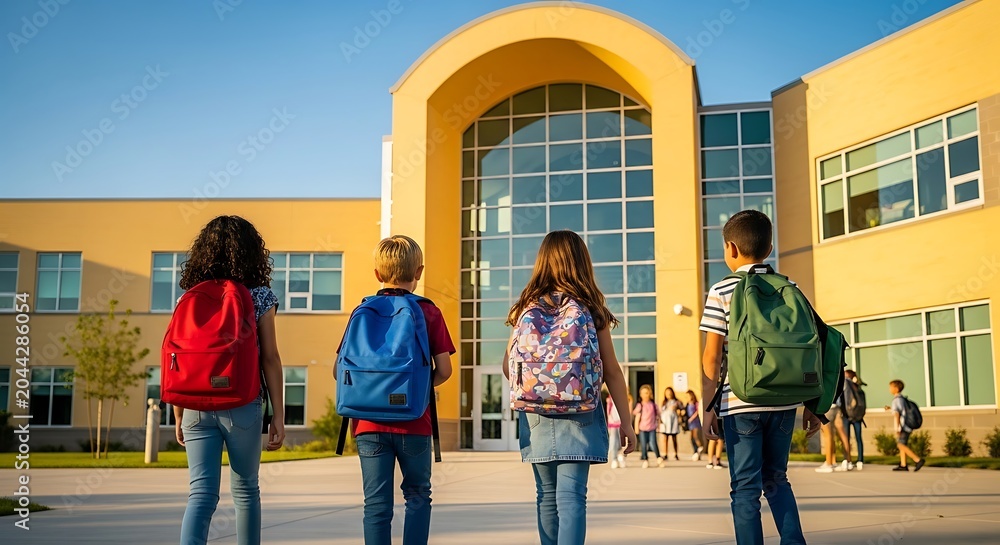 Fototapeta premium Group of elementary students walking toward their primary school entrance on a sunny morning