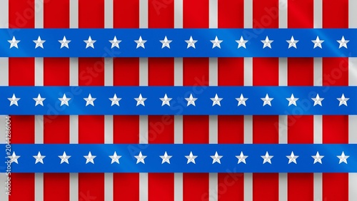 Metallic red white blue plate lines and silver stars form a geometric 3D rendered wallpaper for US Independence Day, ideal for patriotic 4th of July celebration marketing backgrounds.