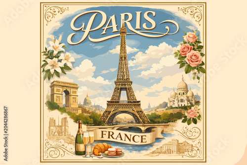 Foto Vintage-style illustration of Paris featuring the Eiffel Tower, Arc de Triomphe, Sacré-Cœur, flowers, champagne, and a croissant, with 'Paris France' banner
