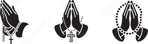 Cuadro en lienzo Set of black silhouette icons of praying hands holding rosary beads and crosses,
