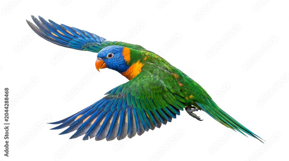 Obraz premium Vibrant Rainbow Lorikeet Parrot Flying Mid-Air Against White Background