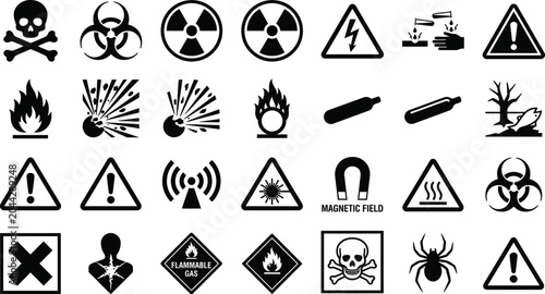 Hazard Symbols And Warning Signs Black Vector Icons On White Background
