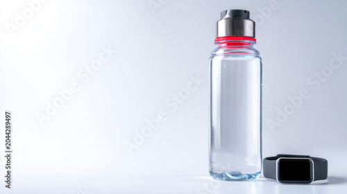A glass water bottle with a red lid and metal top stands next to a fitness tracker on a clean, bright surface. This setup is perfect for anyone focused on health and hydration.