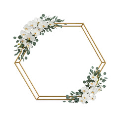 Elegant gold hexagon frame adorned with white flowers and green leaves