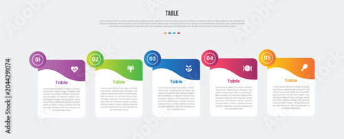 Table box base shape infographics gradient template diagram with square box with swirl header smooth curve with 5 point step creative