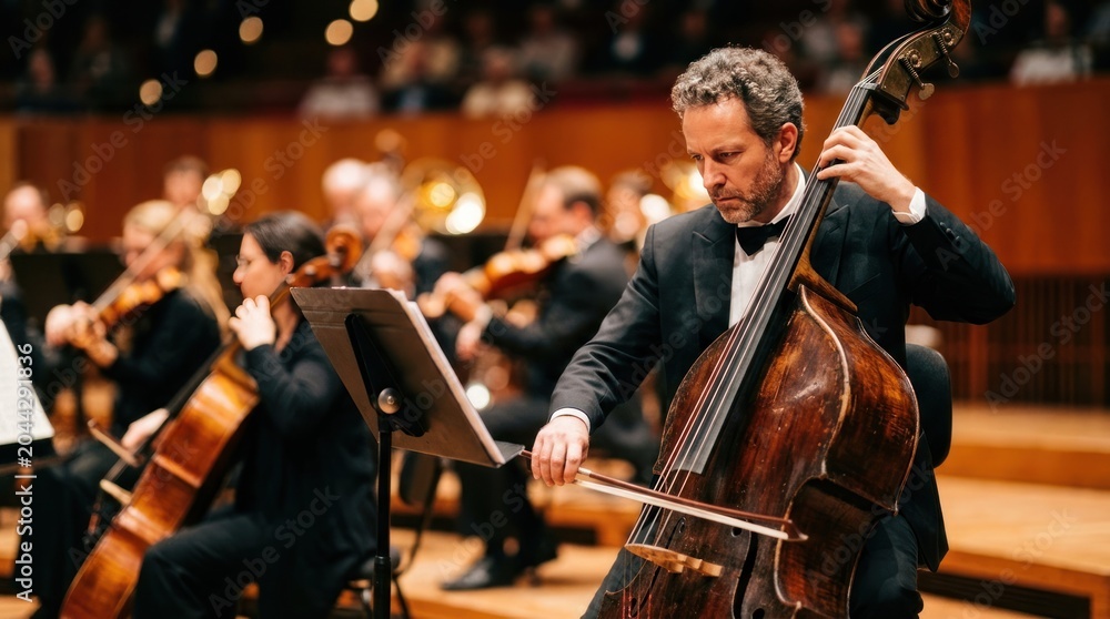 Fototapeta premium Double bass player performing in orchestra concert with shallow focus