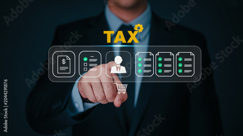 Person in suit touching digital screen with tax and shopping cart business finance