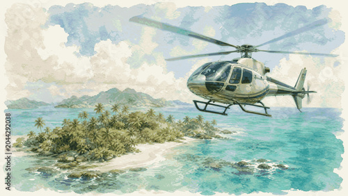 Foto flying sky helicopter over sea isolated watercolor vector illustration svg