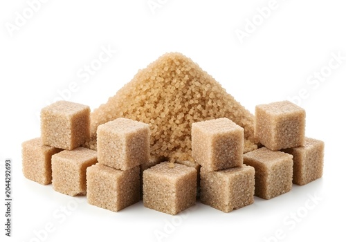 An assortment of cubed confectionary sweetener units surrounds a mound of granular crystalline sweetener, representing sweetening agents for beverages and culinary creations in a striking